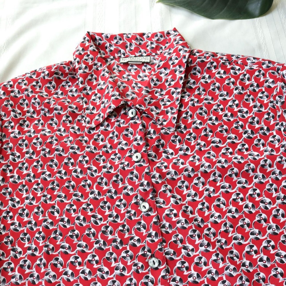 Red Record Patterned Long Sleeve Button Down Shirt - image 5